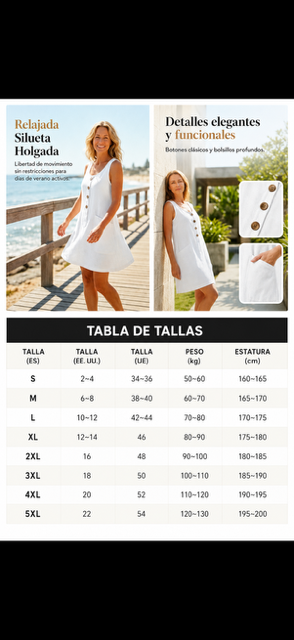 Vestido liso sin mangas de algodón y lino con cuello redondo para mujer